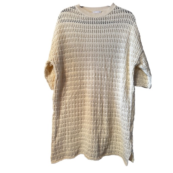 FRNCH Paris Cream Crochet Knit Oversized Short Sleeve Sweater Top M 100% Cotton - Picture 3 of 8